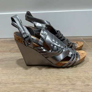 BCBG silver wedge sandals